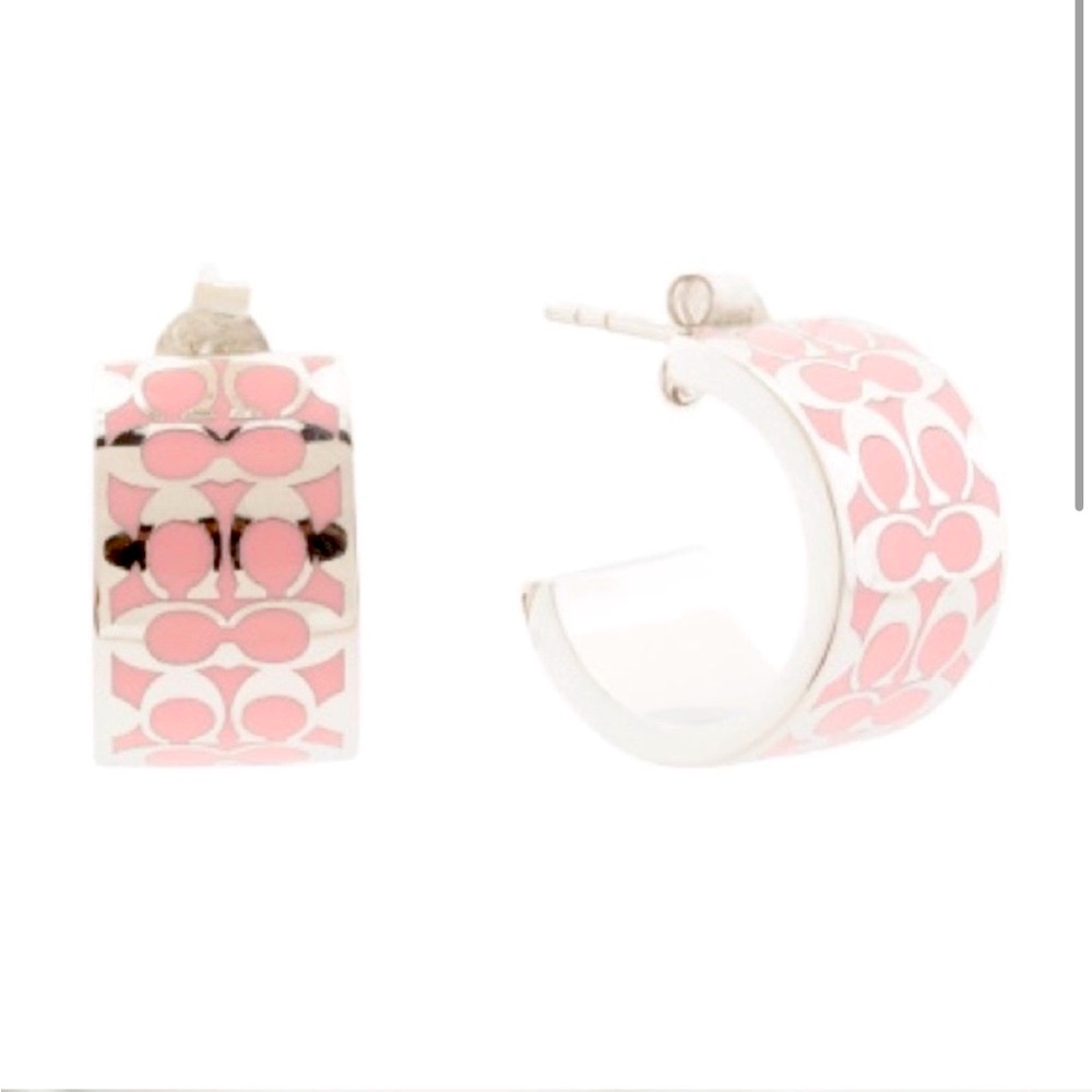Coach Signature C Enamel Huggie Earrings Pink/Silver NWT - Picture 2 of 7